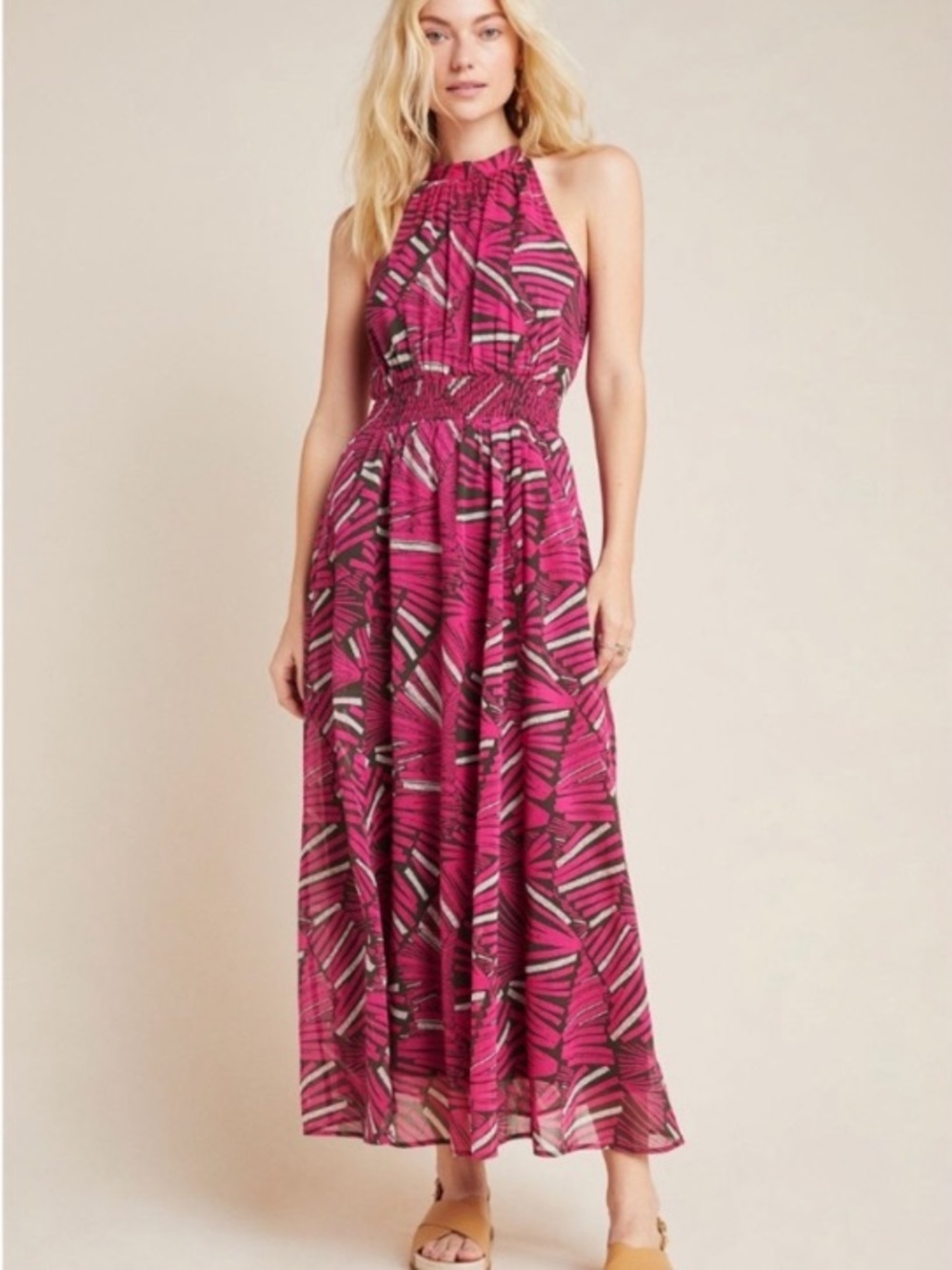 Anthropologie Maeve Kelli High Neck Halter Pink Tropical Maxi Dress S